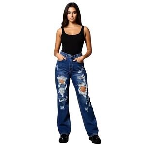Wax Jean‎ Collection Distressed Wide Leg High Rise Jeans Md Wash Womens  M NWT